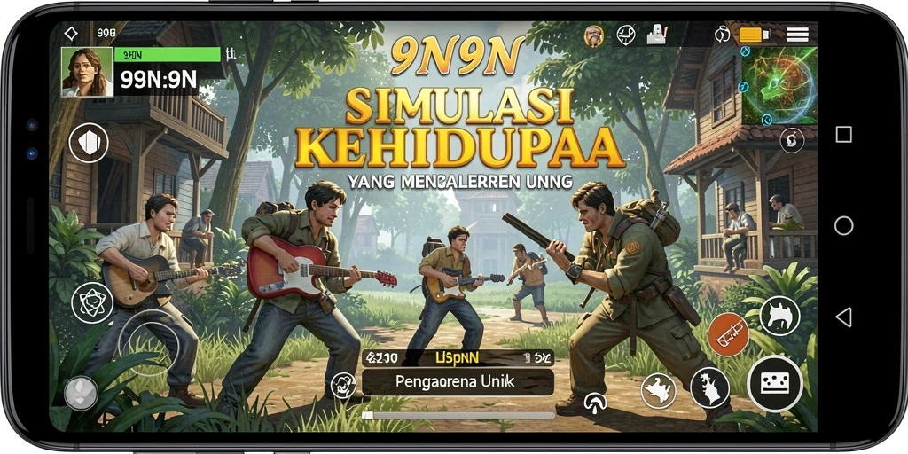 Screenshot gameplay 9N9N menampilkan dunia simulasi yang mendetail dan interaktif.