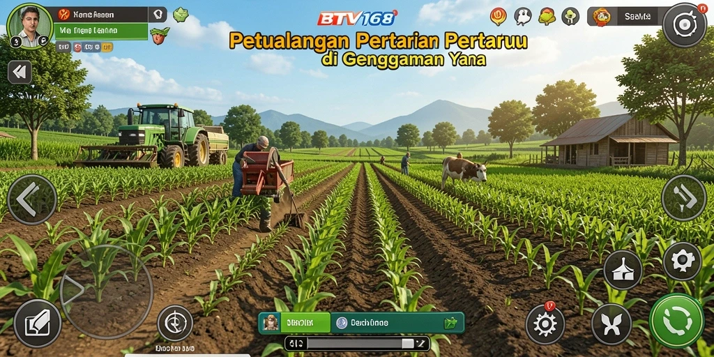 Screenshot BTV168 menampilkan kebun hijau yang subur dan aktivitas pertanian.