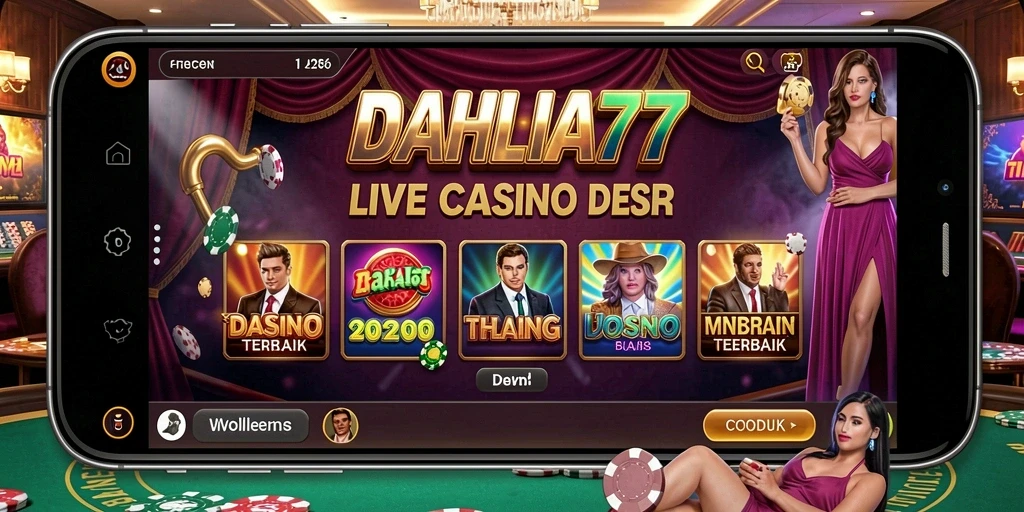 Screenshot utama DAHLIA77 menampilkan dealer profesional dan suasana permainan Live Casino yang menarik.