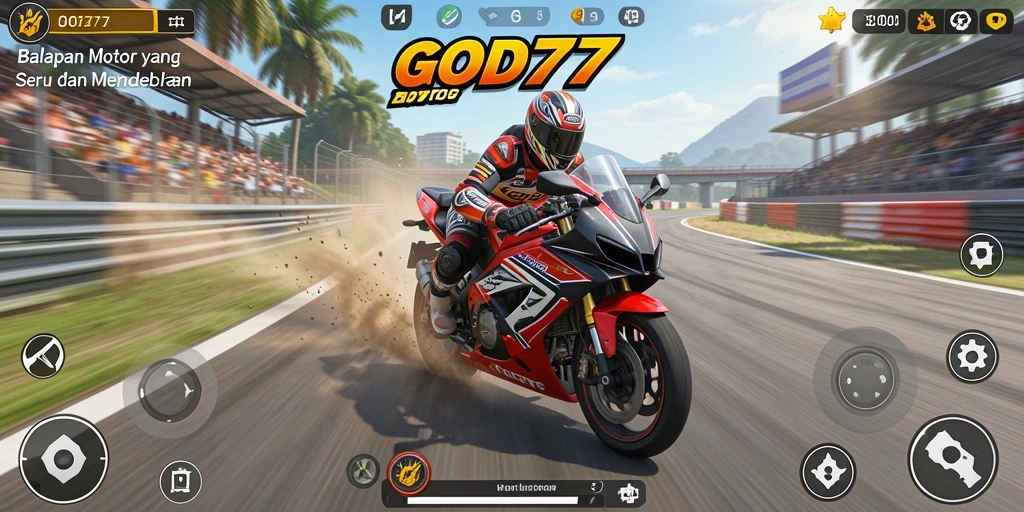 Screenshot utama GOD77 menunjukkan aksi balap motor yang seru.