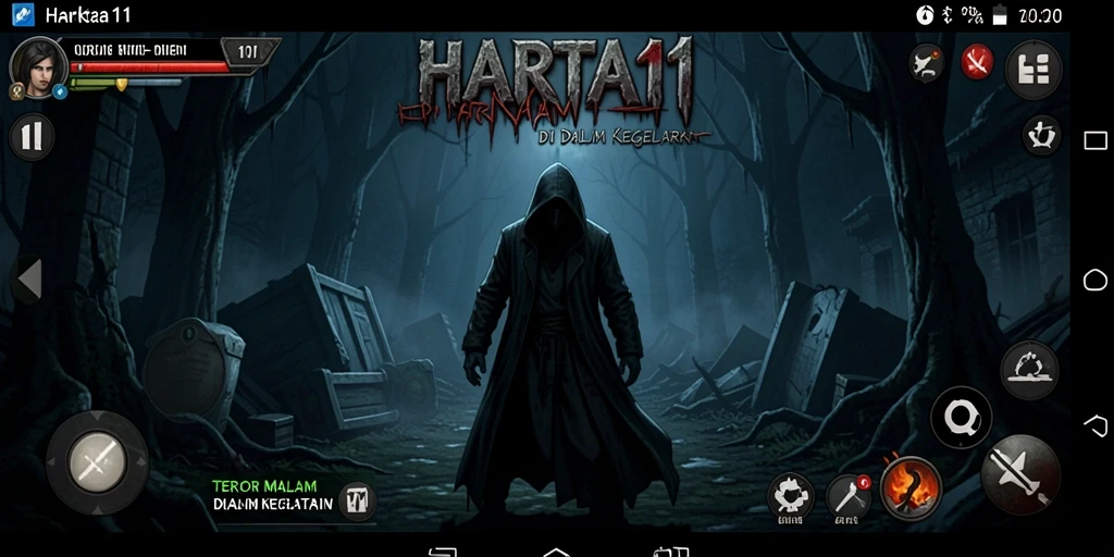 Tampilan gameplay menyeramkan HARTA11 saat menjelajah ruangan gelap.