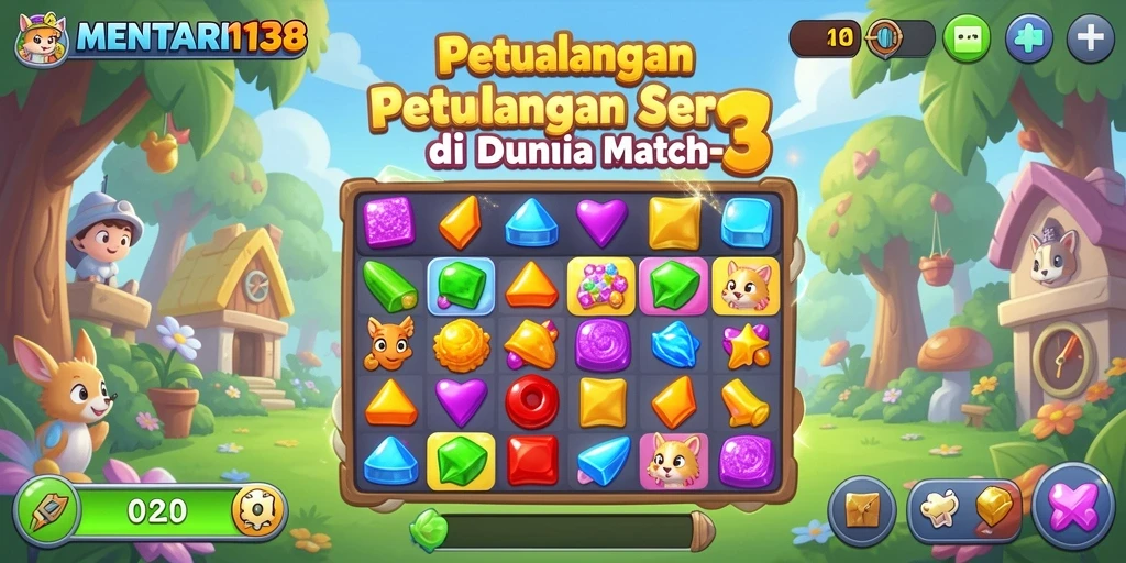 Screenshot menampilkan antarmuka gameplay Match-3 yang menakjubkan.
