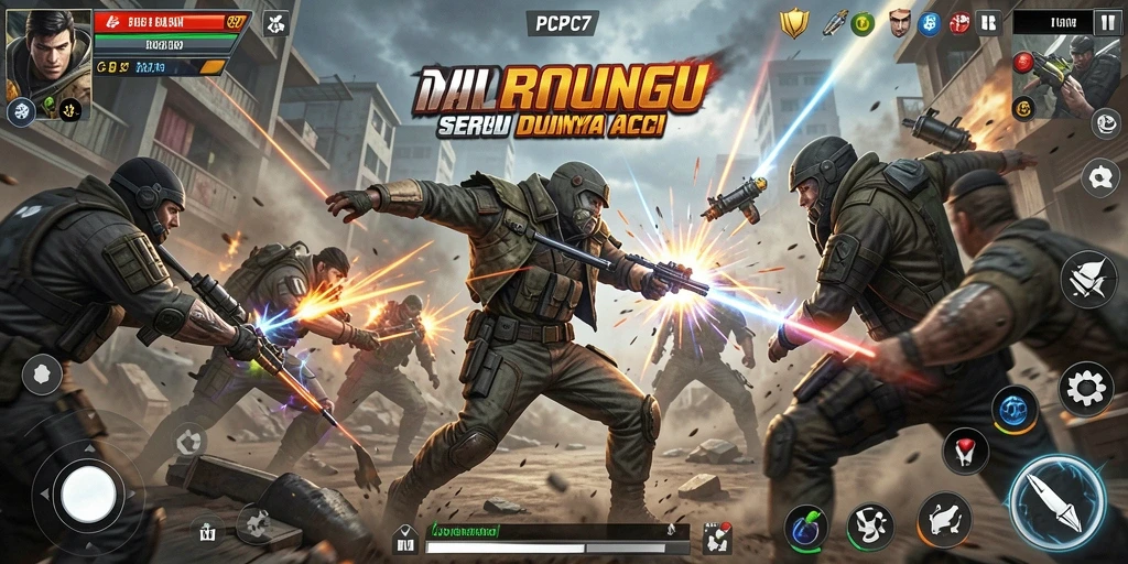 Screenshot gameplay PCPC7 menampilkan aksi mendebarkan di arena pertarungan.