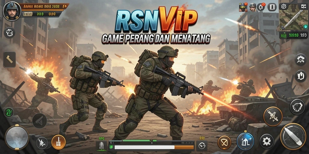 Tangkapan layar gameplay RSNVIP menampilkan aksi tembak-menembak yang intens.
